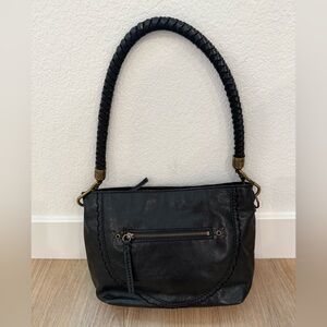 The Sak Black Leather Shoulder Bag Woven Strap Boho Hobo Purse